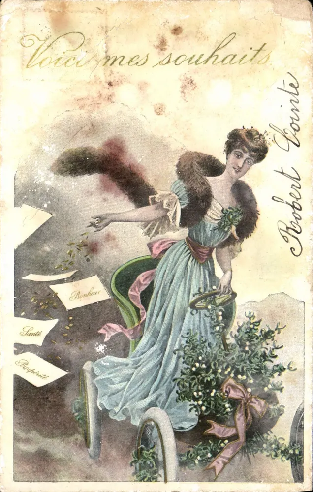Mulher em vestido azul — desejando saúde, felicidade, prosperidade — editor Robert Gouiné, número de série não visível - Frente