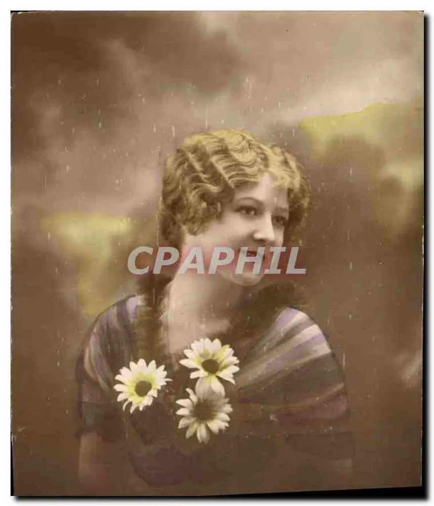 Jovem mulher com girassóis — carta postal antiga — Fabricação Francesa - Frente
