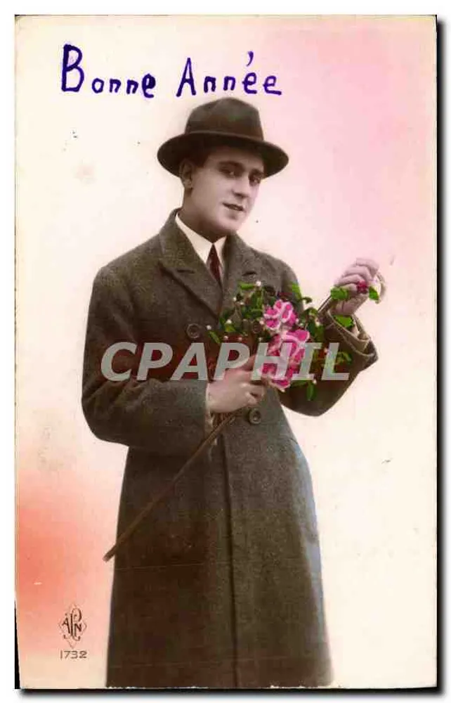 Homem com capa segurando um buquê — Boa Ano — 1732 - Frente