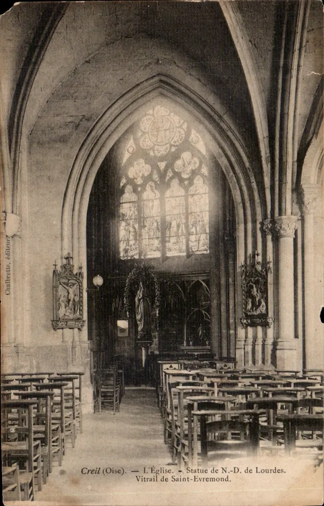Creil (Oise) — L'Église — Statue de N.-D. de Lourdes, Vitrail de Saint-Evremond — Ginalbrete, éditeurs - Recto