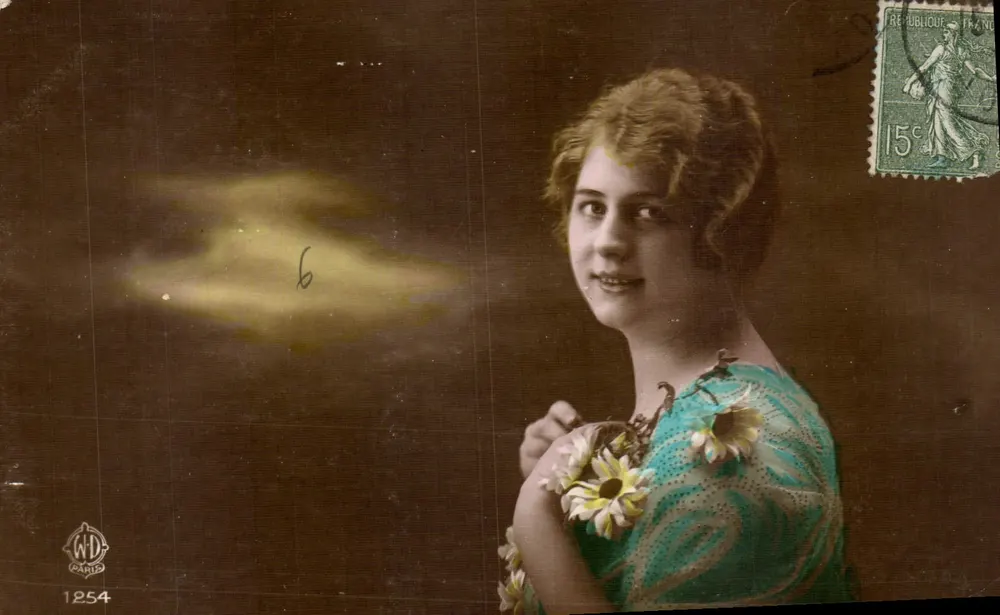 Jovem mulher em vestido azul decorado com flores — WD CARIS 1254 — selo 15c República Francesa - Frente