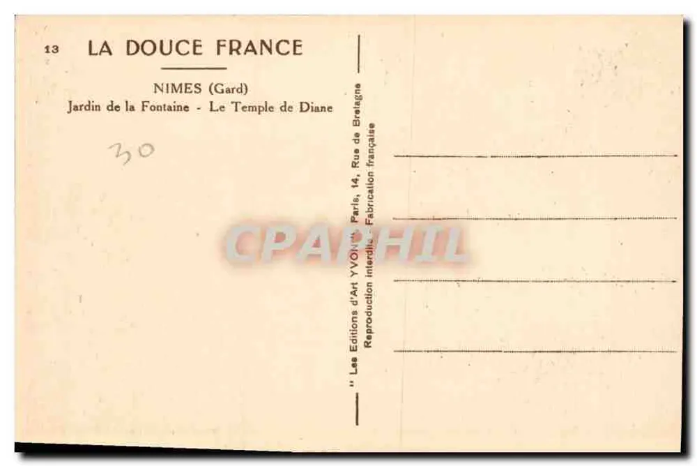 Nîmes (Gard) — Ansicht des Jardins de la Fontaine, Tempel der Diana — Éditions d'Art YVON, Paris - Rückseite