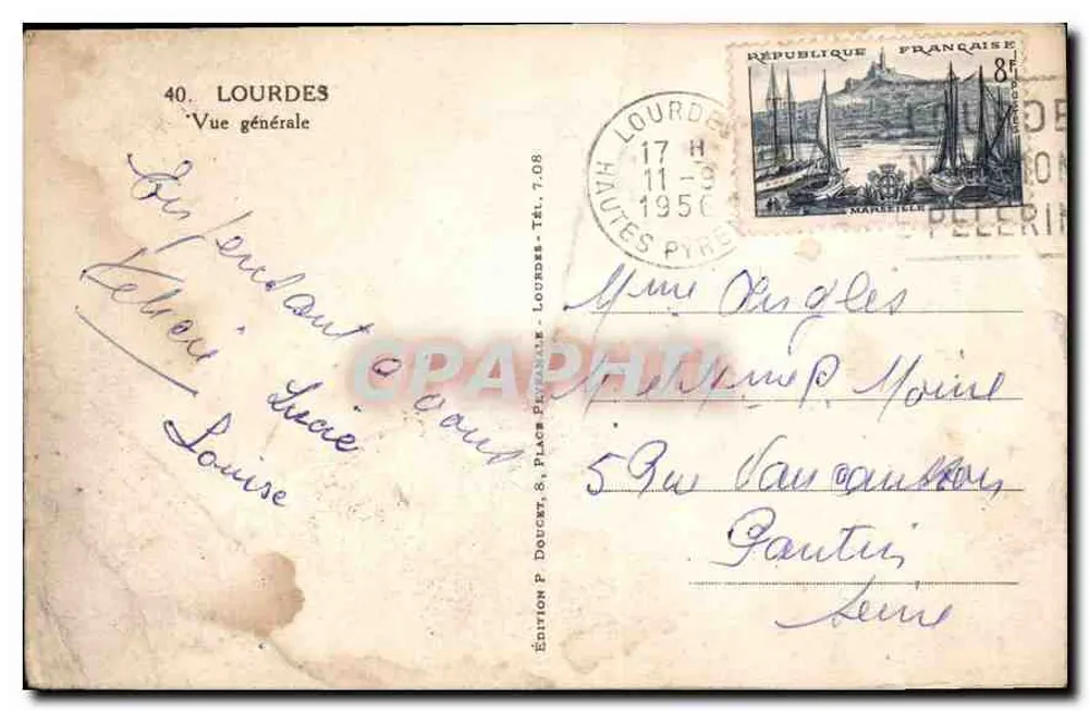 Lourdes — Vue générale — Édition P. Doucet, 8, Place Pénitentiale - Verso