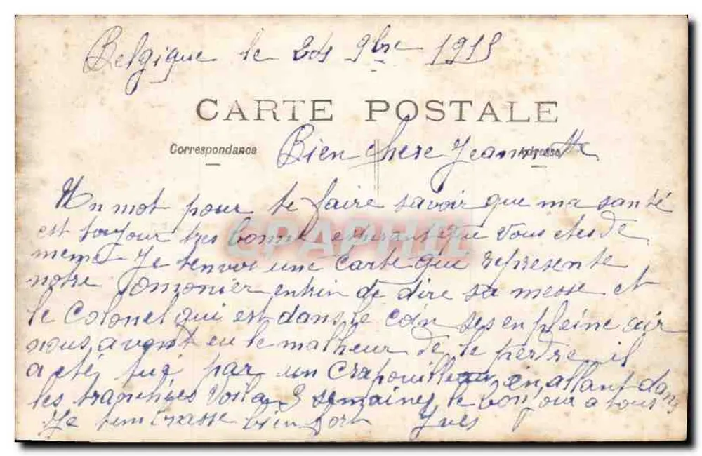 Militärszene im Wald — Belgien, 1918 — Persönliche Korrespondenz - Rückseite