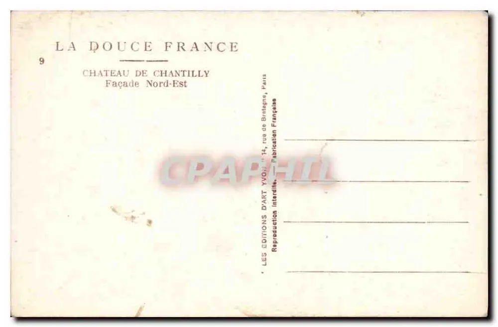 Castelo de Chantilly — Fachada Nordeste — Les Éditions Dart Yvon, Paris - Verso
