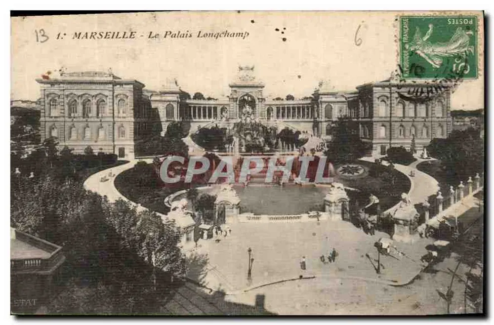 Marselha - O Palácio Longchamp — vista panorâmica com fonte central — editor desconhecido, n° 13 - Frente