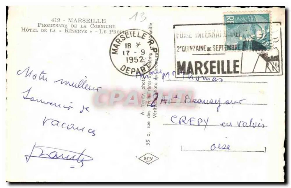 Ansicht der Corniche in Marseille — Verlag A. Tardy, Nr. 419 - Rückseite
