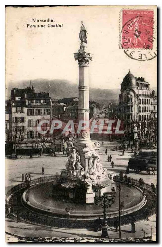 Marseille. Fontein Cantini — uitzicht van het plein met zuil en beelden — uitgever onbekend, serie-nummer niet zichtbaar - Voorkant