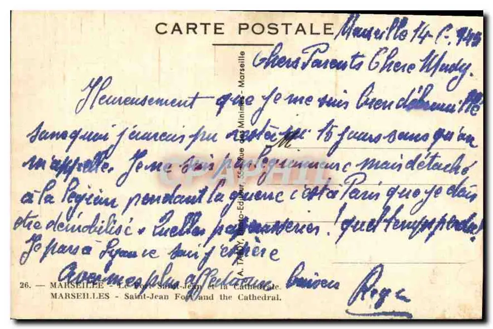 Marseille — Fort Saint-Jean und Kathedrale — Verlag A. Tardy, Nr. 26 - Rückseite