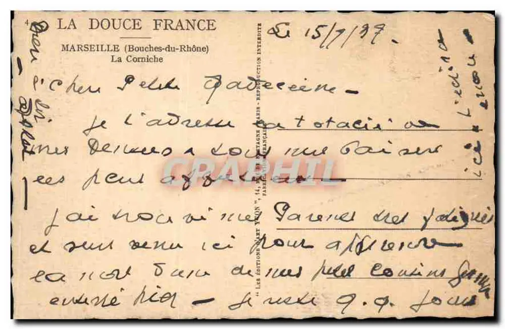 La Corniche — vue de la mer et des falaises à Marseille — éditeur : Les Éditions Jean Yvon, 14, rue de l'Église, Marseille - Verso
