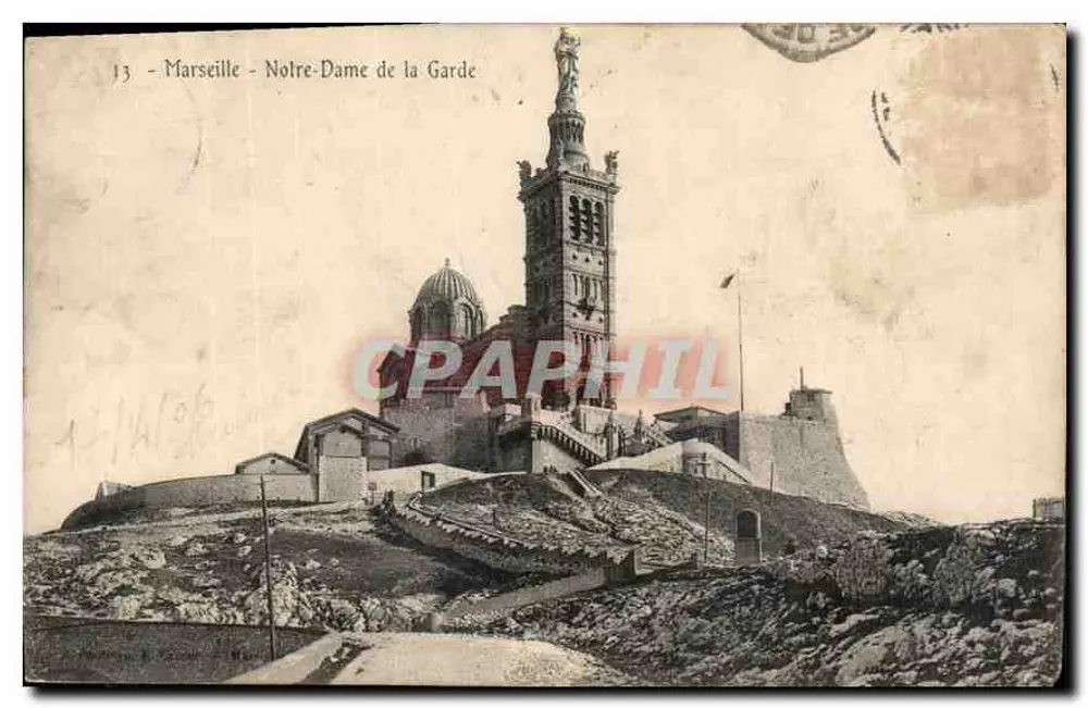 Marselha - Nossa Senhora da Guarda — vista da basílica e da estátua — editor desconhecido, n° 13 - Frente