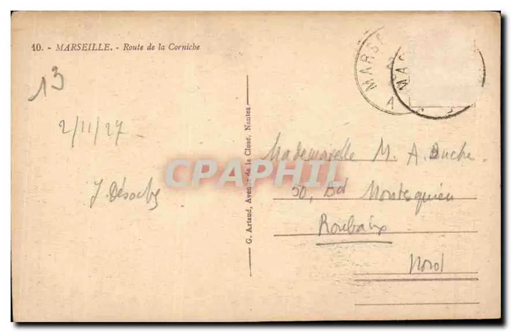 Rota da Corniche — Marselha — G. Artaud, Nantes - Verso