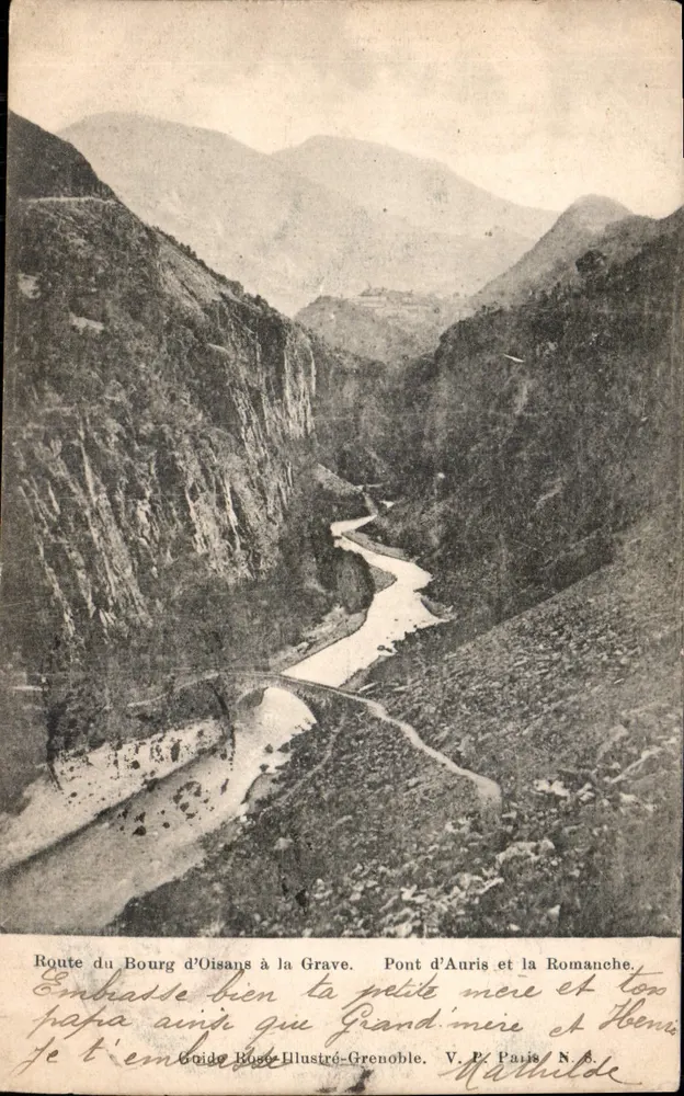 Route von Bourg d'Oisans nach la Grave — Brücke von Auris und die Romanche — Guide Rose Illustré Grenoble - Vorderseite