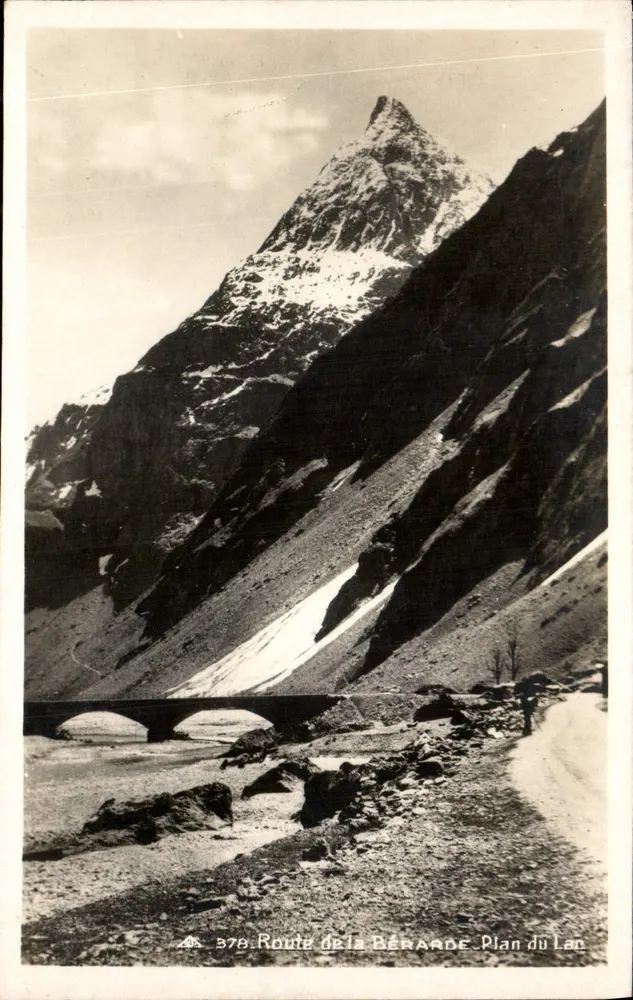 Rota da Bérarde - Plano do Lago — montanha nevada e ponte — editor Real-Photo, P. Strasbourg, n° 378 - Frente