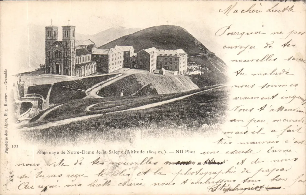 Pèlerinage de Notre-Dame de la Salette (Altitude 1804 m.) — Papeterie des Alpes, Eug. Ronnart — n° 102 - Recto