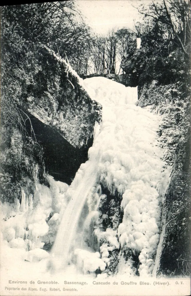 Alrededores de Grenoble. Sassenage. Cascada del Gouffre Bleu — (Invierno). Papeterie des Alpes, Eug. Robert, Grenoble. - Anverso