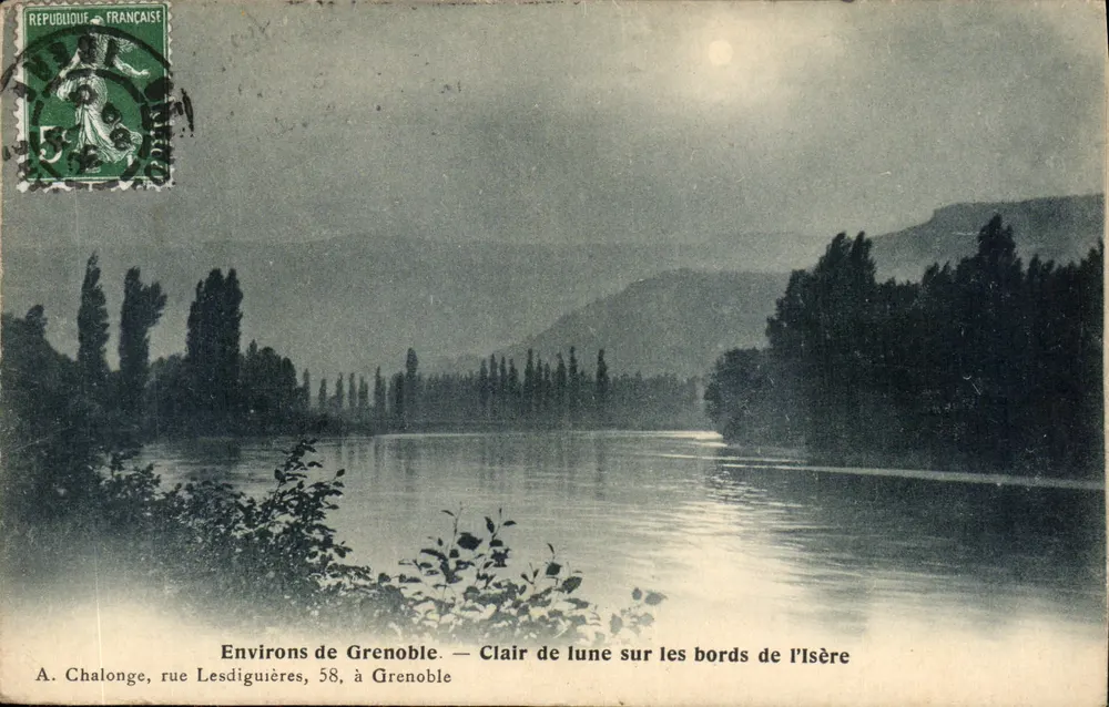 Arredores de Grenoble — Luz da lua sobre as margens do Isère — A. Chalonge, rue Lesdiguières, 58, em Grenoble - Frente