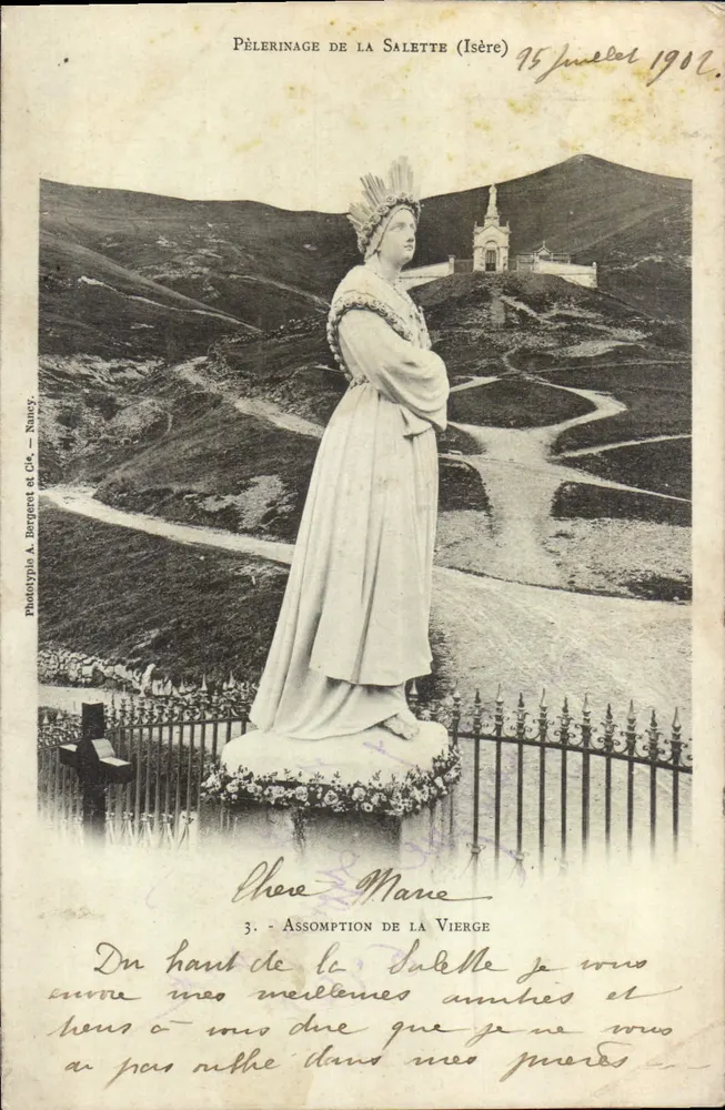 Aufnahme der Salette — Statue der Jungfrau von der Salette (Isère) — Phototypie A. Bergenet und Cie, Nancy, Nr. 3 - Vorderseite