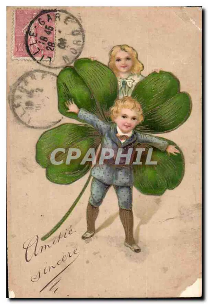 Enfant et petite fille avec ailes de trèfle — éditeur Relief m. Goldiefdruck, n° 5085 - Frente