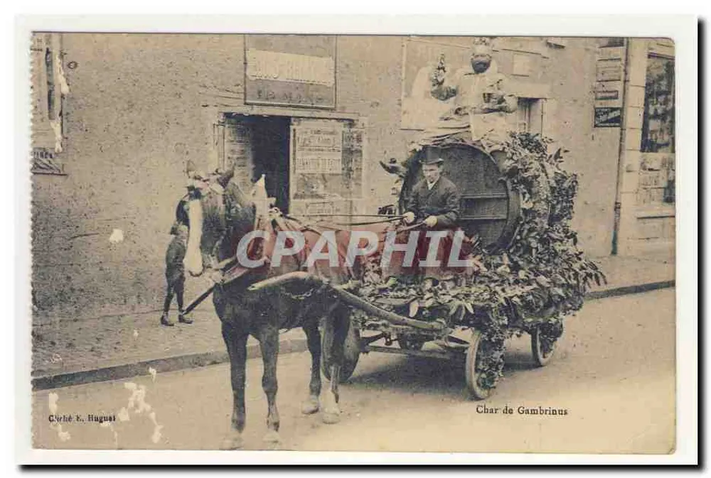Gambrinus Wagen riesiger Fass betrunken original bunte Kleidung Bier Bier Animation TOP Antike Ansichtskarte - Vorderseite
