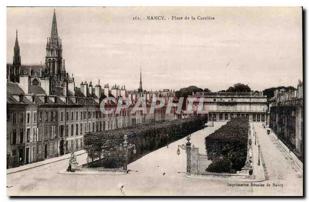 NANCY - Praça da Carrière — vista panorâmica com igreja e trilhas — Imprimeries Réunies de Nancy, n° 162 - Frente