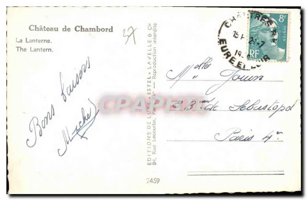 Castelo de Chambord — A Lanterna — Edições de Luxo 'Estel' n°2459 - Verso
