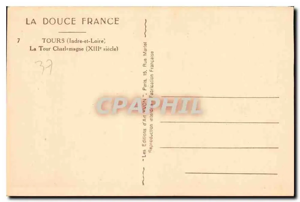 Tours — Tour Charlemagne (13. Jahrhundert) — Éditions d'Art Yvon, Paris - Rückseite