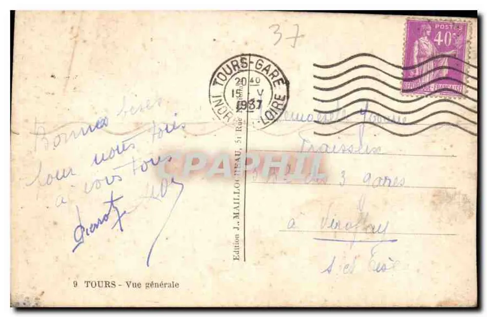 Tours — Vista geral — Edição J. Maillocheau, n°9 - Verso
