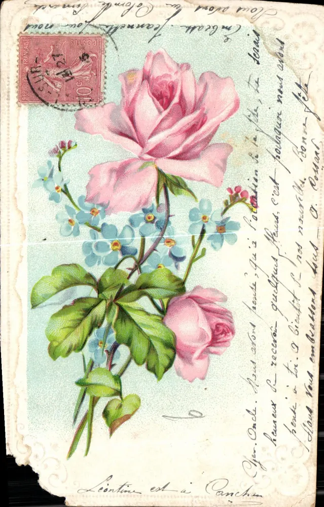 Rose et pensées — illustration imprimée — éditeur Union Postale Universelle, n° de série non visible - Frente