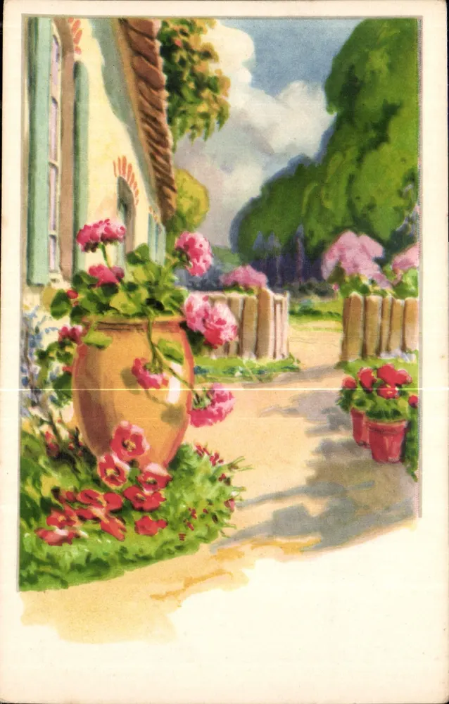 Jardim florido — vista de casa com vasos de flores — editor não visível - Frente