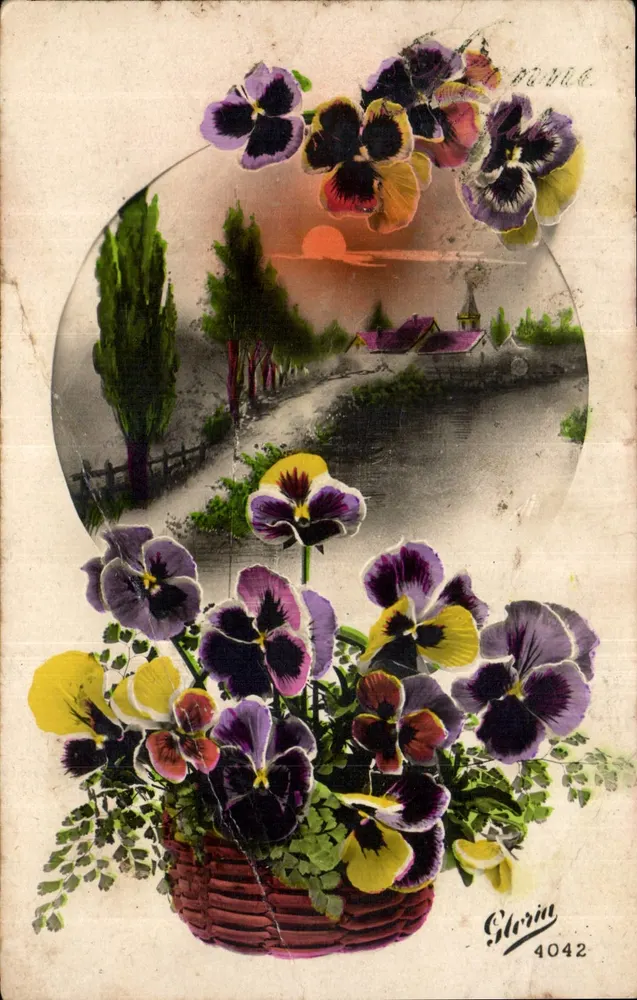 Pansies — vista de aldeia ao pôr do sol — Gloria 4042 - Frente
