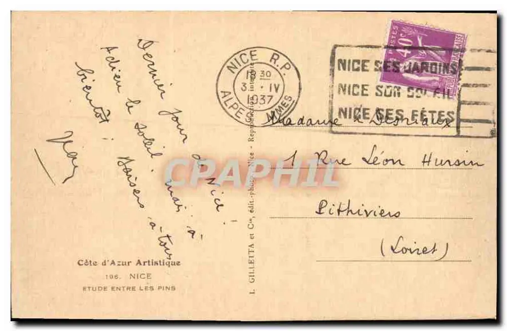 Ansicht von Nice — zwischen den Kiefern — L. GILLETTA et Cie, Verlag-Fotografie, Nice - Rückseite