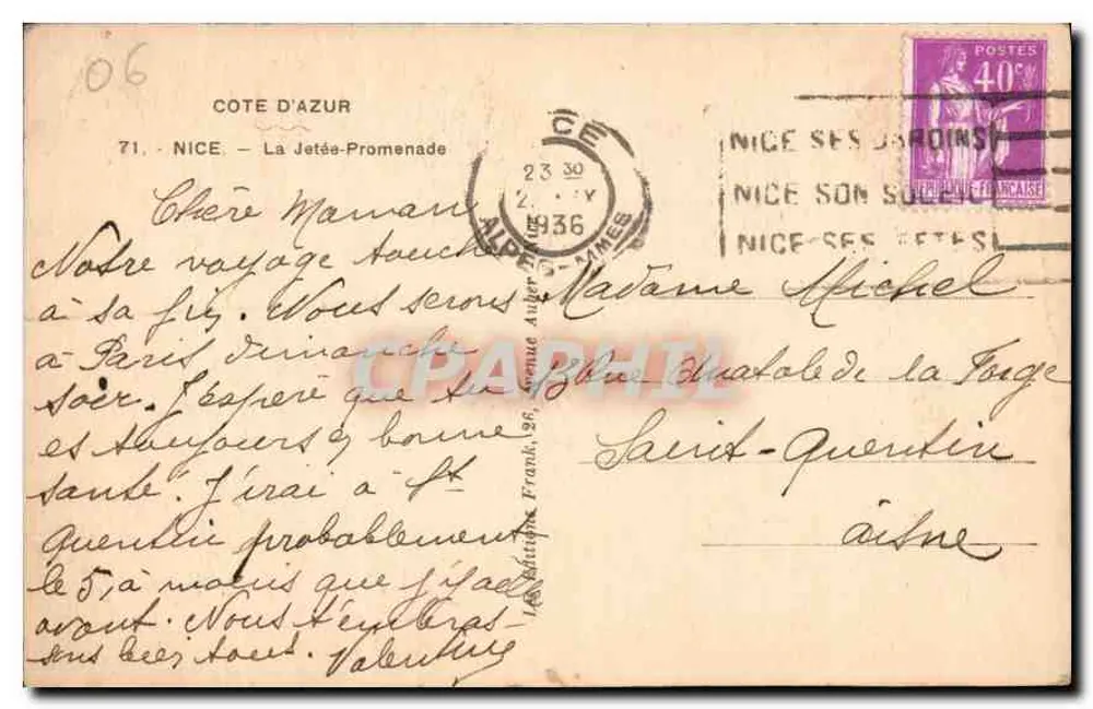 Nice - A Dique-Promenade — vista da promenade e do cassino — editor Ruhl, n°71 - Verso