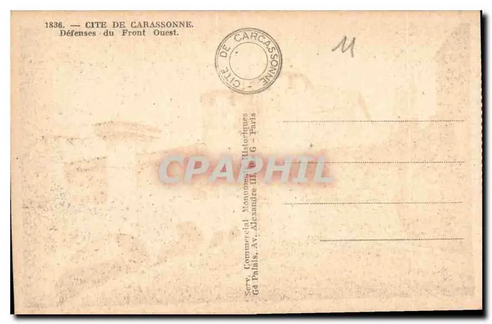 Cidade de Carcassonne — Defesas do Frente Oeste — Editor Serv. Comercial Manuscrits Historiques, Paris - Verso