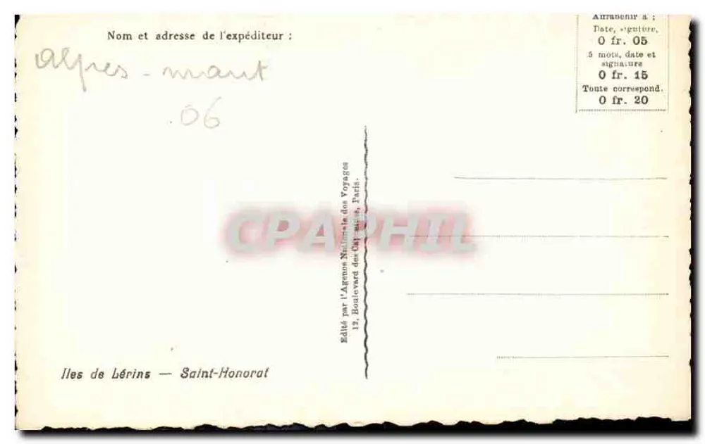Ilhas de Lérins — Saint-Honorat — Editado pela Agência Nacional de Viagens, Paris - Verso