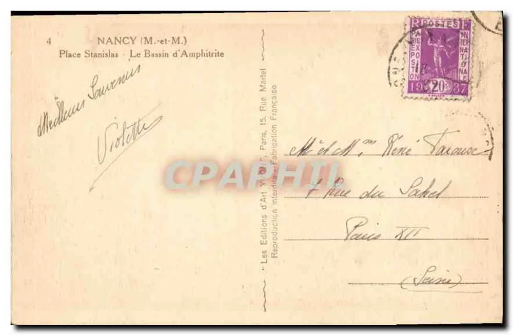 Nancy - Place Stanislas - Der Bassin d'Amphitrite — Verlag: Les Éditeurs d'Art, Paris - Rückseite