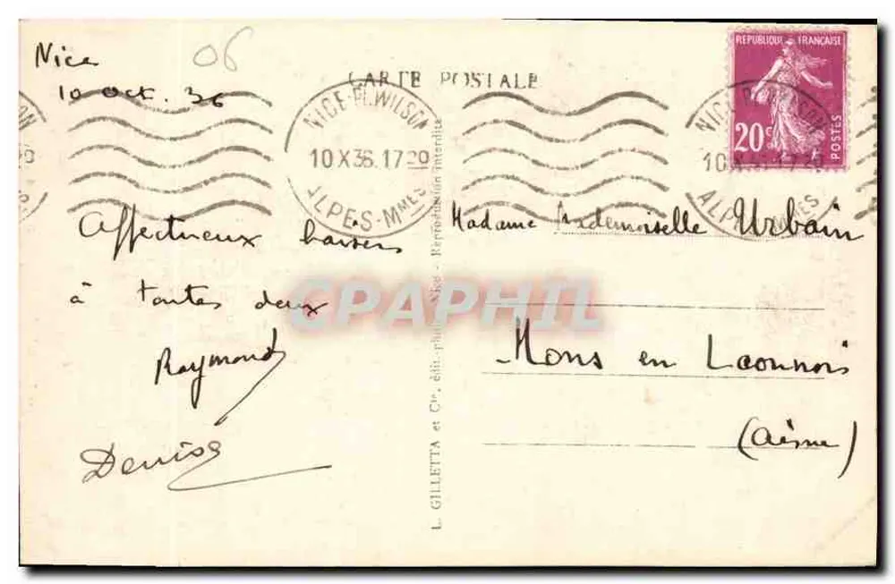 नाइस - व्यापक दृश्य — पोस्टकार्ड संख्या 105, ल. गिलेटा एवं कंपनी द्वारा प्रकाशित - पीछे