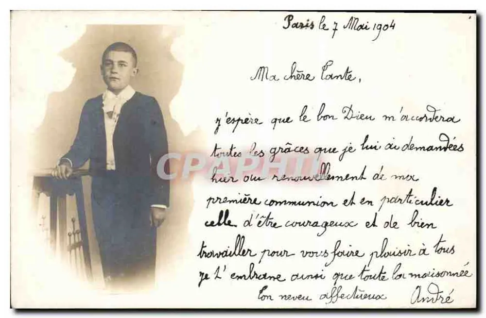 Menino jovem em traje — Paris, 7 de maio de 1904 — Photo-Cartes, 28, Bd Poissonnière, Paris - Frente