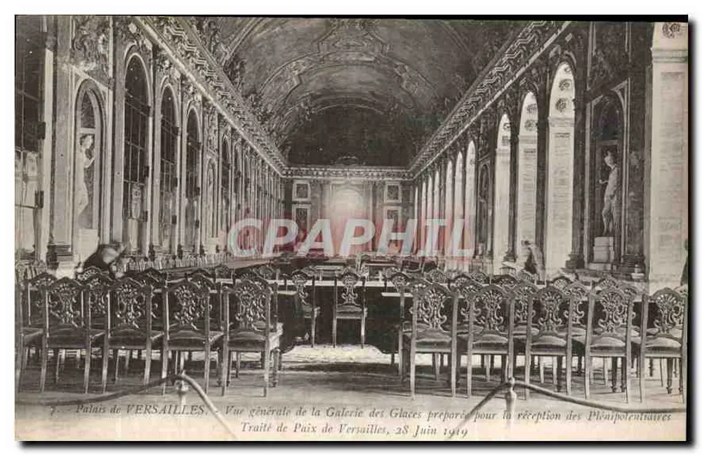 Schloss VERSAILLES — Allgemeiner Blick auf den Spiegelsaal, vorbereitet für die Empfang der Volksvertreter — Friedensvertrag, 28. Juni 1919 - Vorderseite