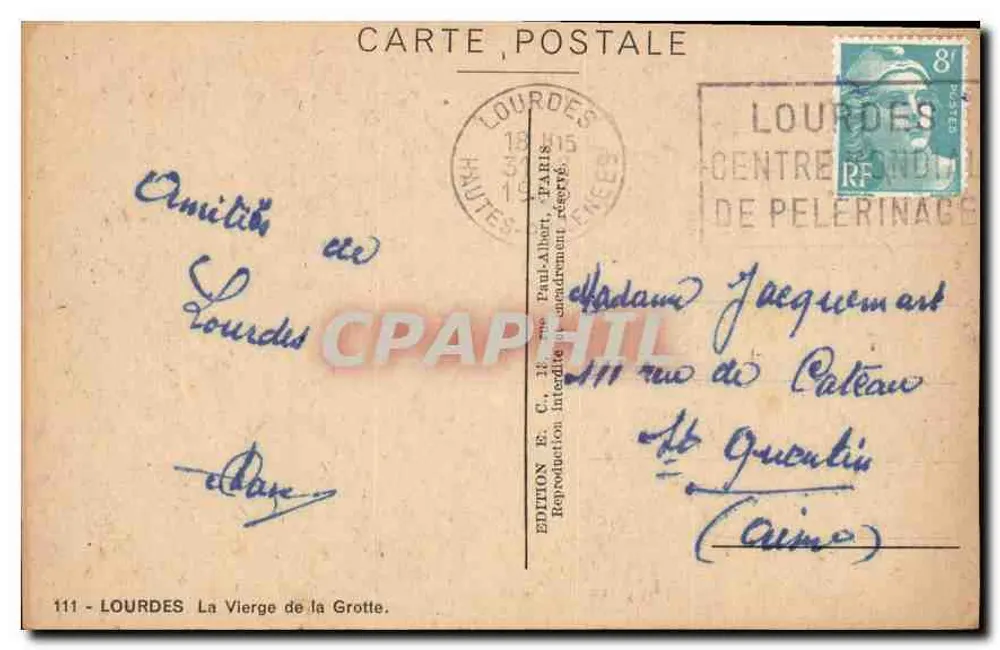 A Virgem da Gruta — Lourdes — Edição E. C. Albert, Paris - Verso