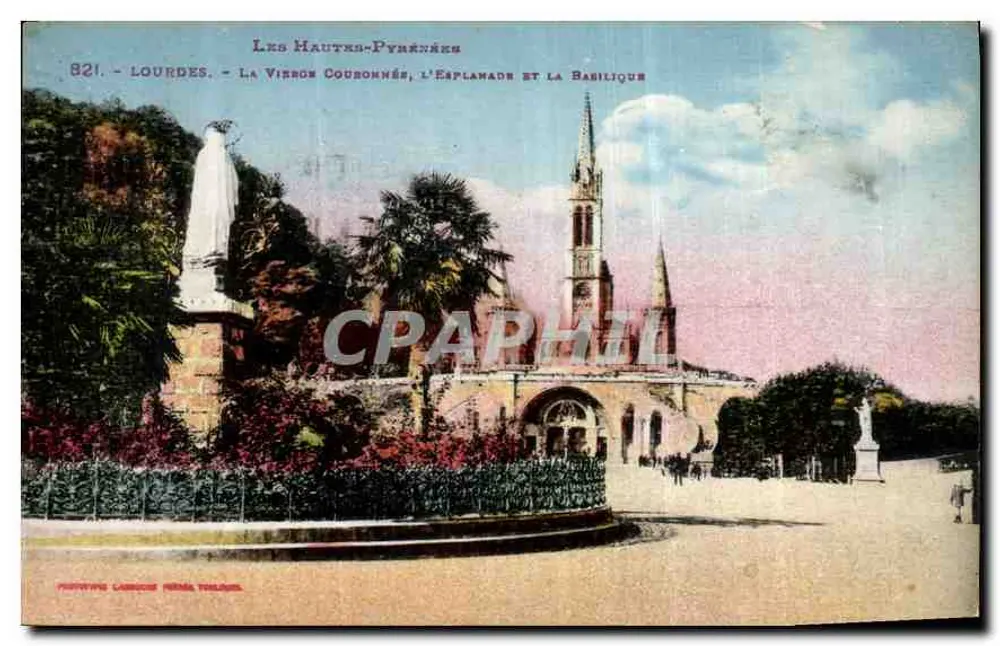 Lourdes - Die gekrönte Jungfrau, die Esplanade und die Basilika — Verlag: Phototypie Labeuche, Nr. 821 - Vorderseite