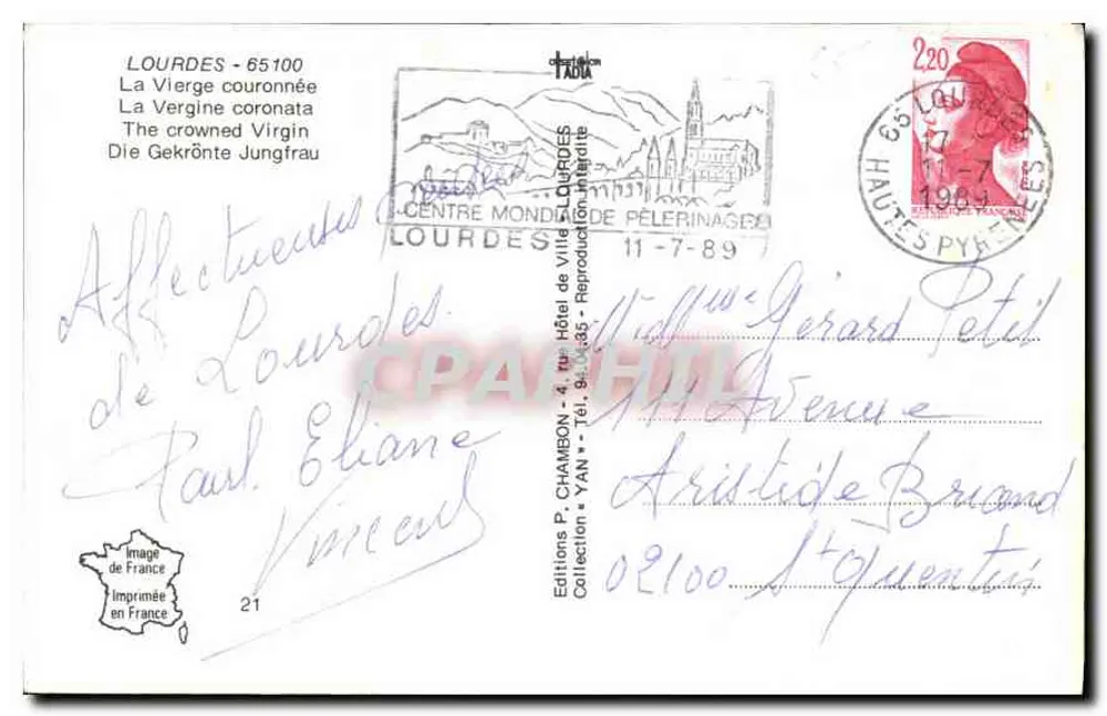 Estátua da Virgem Coroada em Lourdes — Edições P. Chambon, n°21 - Verso