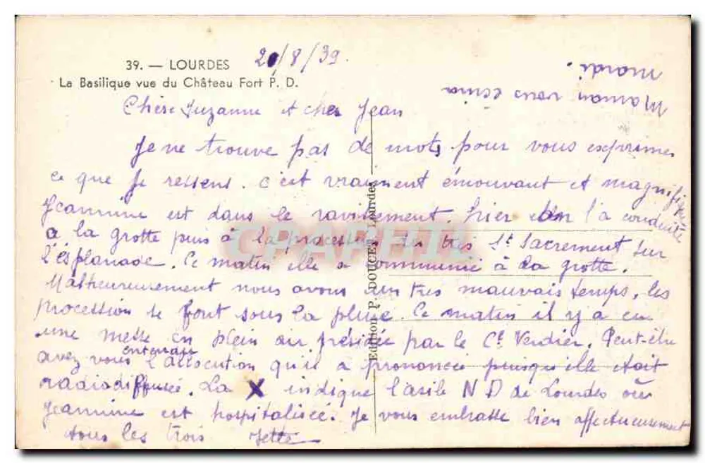 Lourdes — Die Basilika vom Festungsschloss aus — Edition P. DOLCE, Lourdes - Rückseite