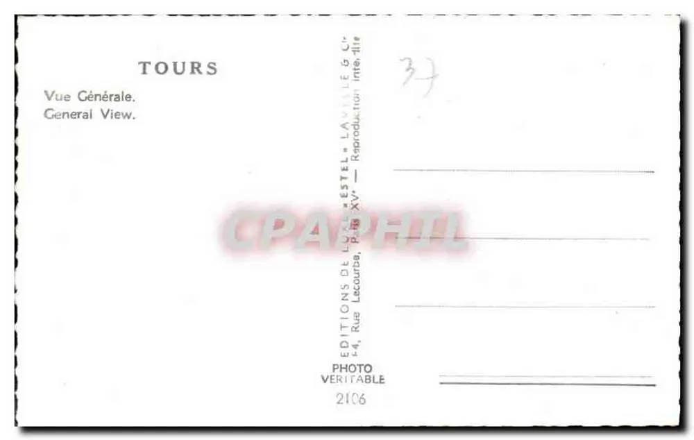Tours — visão geral com ponte e igreja — Editor LAVILLE-ESTEL, n° 2106 - Verso