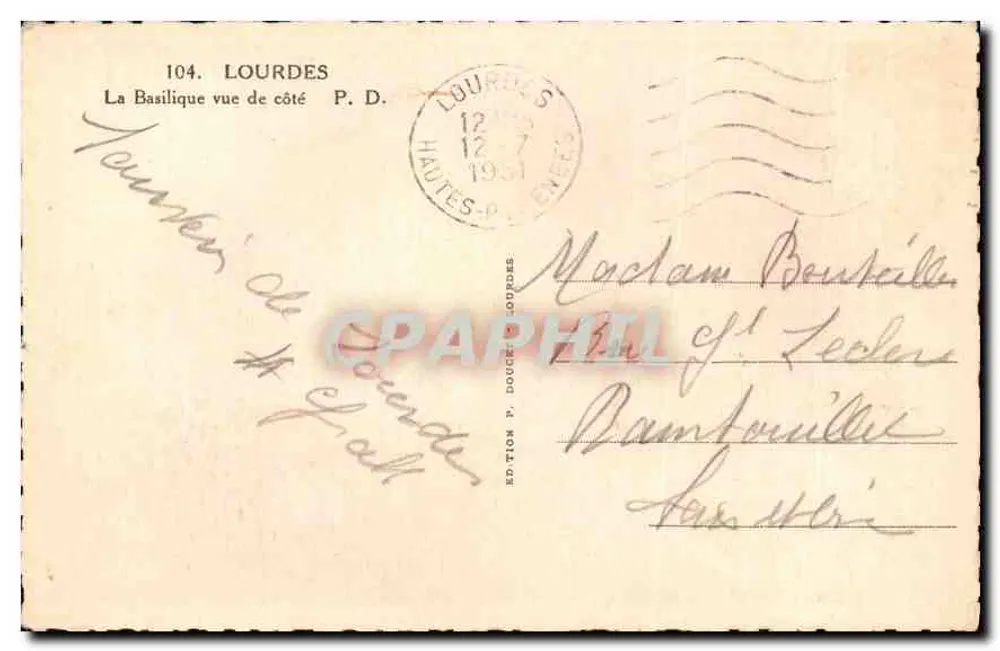 La Basilica vista da un lato — Lourdes — Edizione P. Doucet - Verso