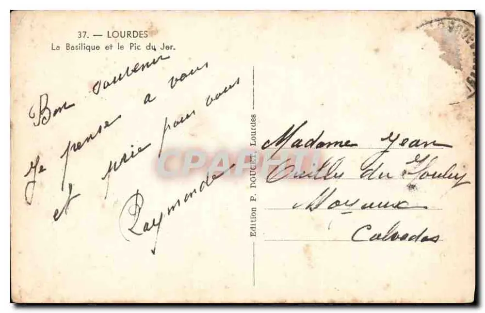 Lourdes — La Basilica e il Pic du Jer — Edizione P. DOUCET, Lourdes, n°37 - Verso