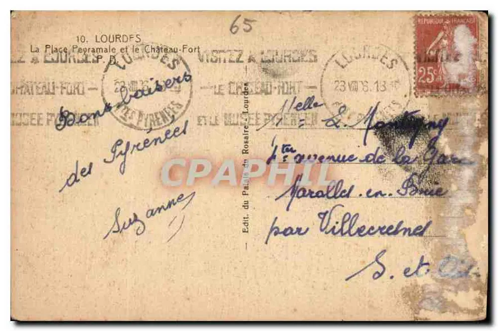Lourdes — Place Peyramale und das Schloss-Fort — Édit. du Rosaire, Lourdes - Rückseite