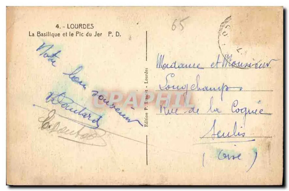 Lourdes — A Basílica e o Pic du Jer — Edição P. Traquet, Lourdes, n° 4 - Verso