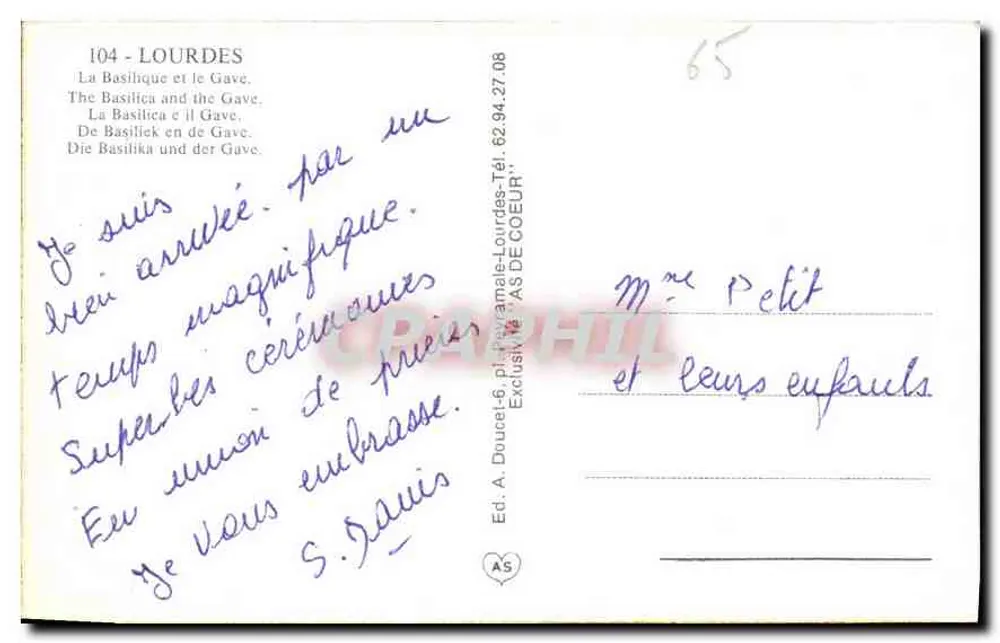 Lourdes — A Basílica e o Gave — Ed. A. Douret-6, AS DE COEUR - Verso