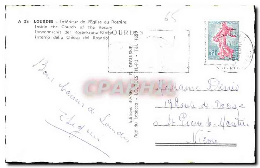Intérieur de l'Église du Rosaire à Lourdes — Éditions d'Anfaccia, n° A 28 - Verso